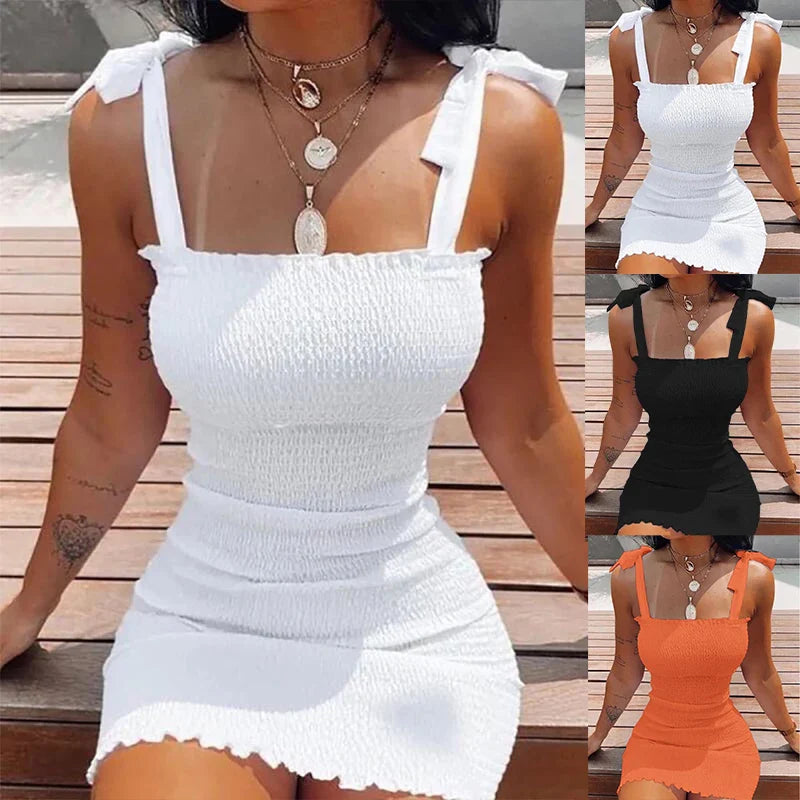 Trendy Solid Strap Short White Dresses off Shoulder Sexy Skirt Pullover Sheath Mini Summer Beach Female Vest Dress