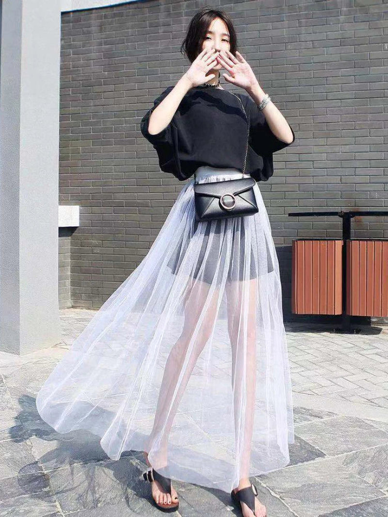 2022 Summer Long Lace Skirt Women Black White Mesh Voile Casual Skirts Low Waist Bohemian Sexy Transparent Maxi Wear