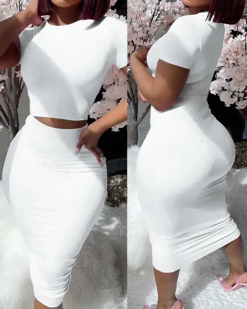 Womens Two Piece Sets Elegant Sexy Outfit Short Sleeve Top & High Waist Skirt Set New Fashion 2023 Summer Casual Female Suit