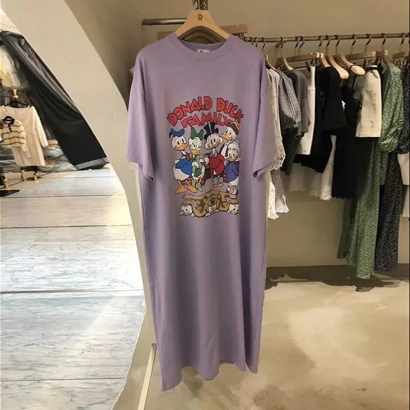 Summer Trend New Mickey Mouse Women Dress Cartoon Loose Short-Sleeved Over-The-Knee Sexy Long T-Shirt Skirt Dress