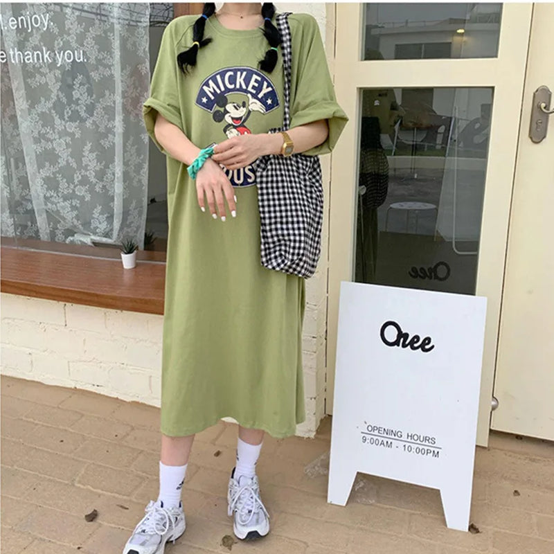 Summer Trend New Mickey Mouse Women Dress Cartoon Loose Short-Sleeved Over-The-Knee Sexy Long T-Shirt Skirt Dress