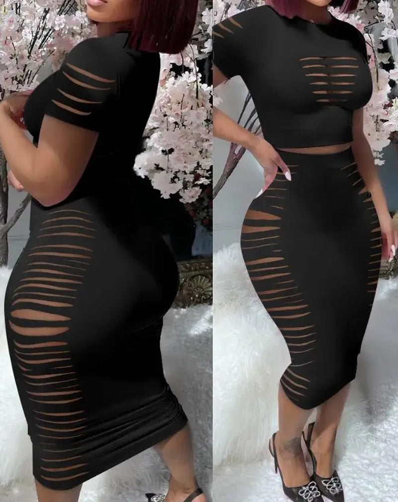 Womens Two Piece Sets Elegant Sexy Outfit Short Sleeve Top & High Waist Skirt Set New Fashion 2023 Summer Casual Female Suit