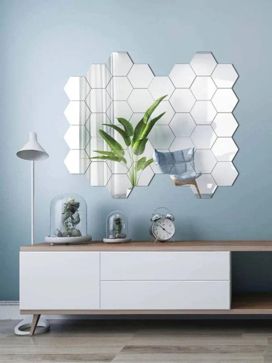 Walldaddy Mirror Stickers for Wall Pack of 40 Hexagon Silver Color Flexible Mirror Size (10X12)Cm Each Hexagon