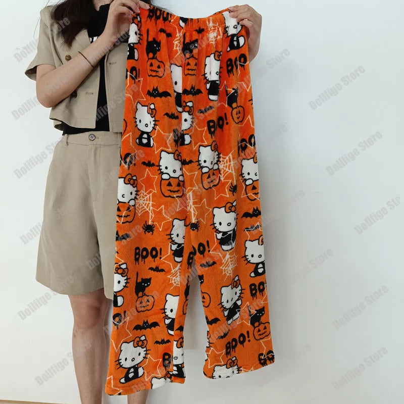 2023 Sanrio Hello Kitty Pajamas Halloween Flannel Fashion Trouserswomen Kawaii Woolen Anime Cartoon Casual Home Pants Autumn