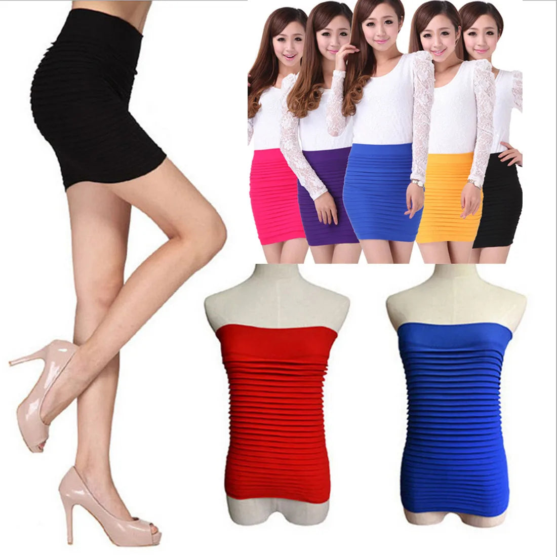 Summer Women High Waist Skirt Solid Color Elastic Pleated Skirt for Office Lady Draped Slim Mini Skirt Sexy Lady Pencil Skirts