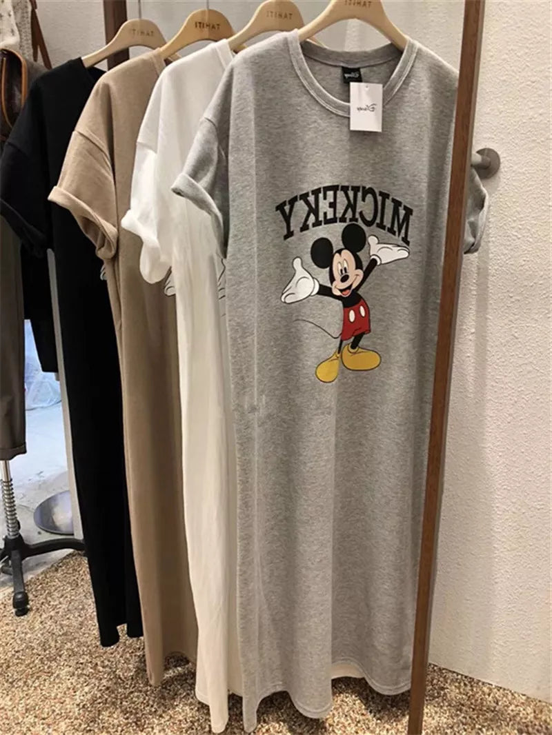 Summer Trend New Mickey Mouse Women Dress Cartoon Loose Short-Sleeved Over-The-Knee Sexy Long T-Shirt Skirt Dress