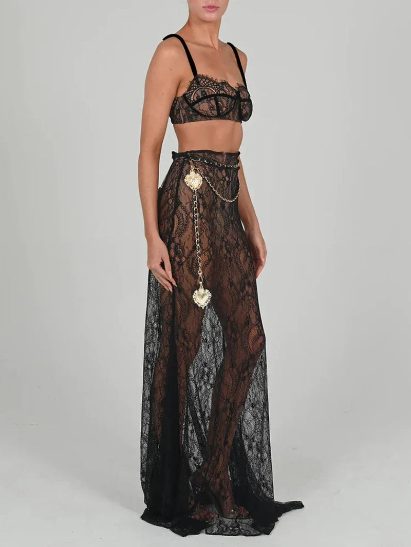 Mozision See through Lace Two Piece Skirt Sets Women Crop Top and Maxi Skirt Sets Elegant Party Beach Sexy Two Piece Set