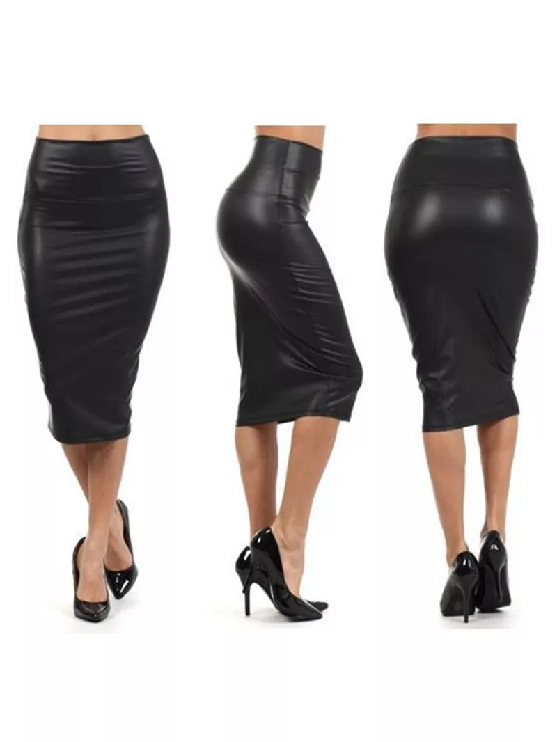 CUHAKCI Back Split Women Sexy Skirt Black Bodycon Clubwear Skirt High Waist PU Leather Skirt Vintage Long Pencil Skirts