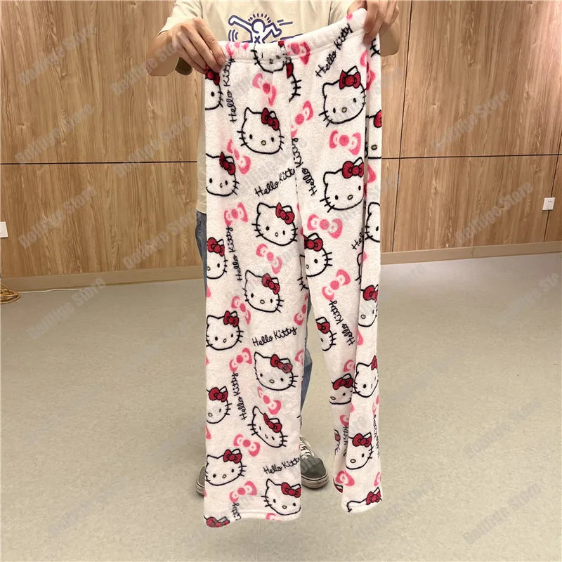 2023 Sanrio Hello Kitty Pajamas Halloween Flannel Fashion Trouserswomen Kawaii Woolen Anime Cartoon Casual Home Pants Autumn