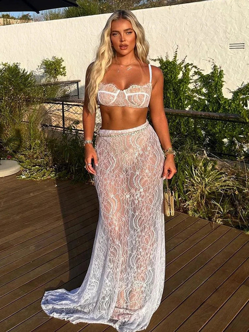 Mozision See through Lace Two Piece Skirt Sets Women Crop Top and Maxi Skirt Sets Elegant Party Beach Sexy Two Piece Set