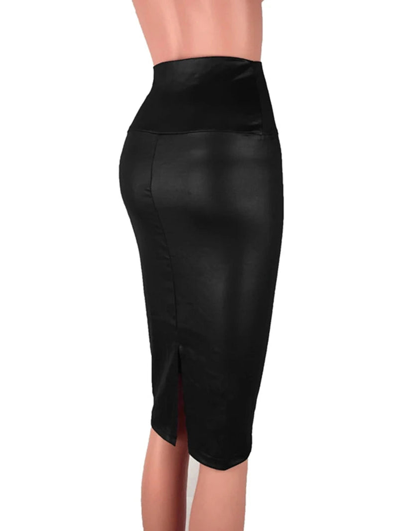 CUHAKCI Back Split Women Sexy Skirt Black Bodycon Clubwear Skirt High Waist PU Leather Skirt Vintage Long Pencil Skirts