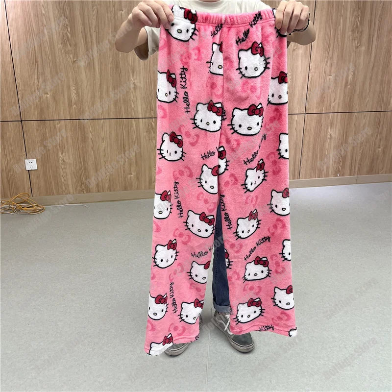 2023 Sanrio Hello Kitty Pajamas Halloween Flannel Fashion Trouserswomen Kawaii Woolen Anime Cartoon Casual Home Pants Autumn