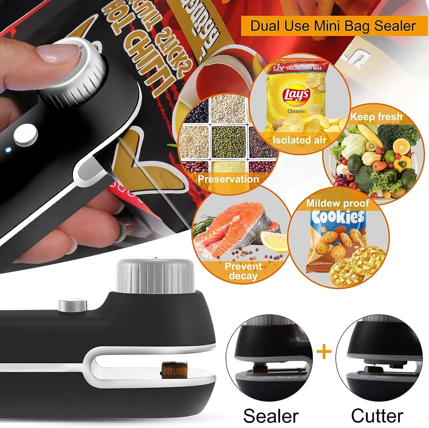 Rechargable 2 in 1 Bag Mini Heat Sealer, Storage Bag Plastic Package Snack Sealer Clip Bag Handheld Heat Sealer, Plastic Bag USB