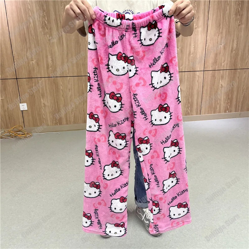 2023 Sanrio Hello Kitty Pajamas Halloween Flannel Fashion Trouserswomen Kawaii Woolen Anime Cartoon Casual Home Pants Autumn