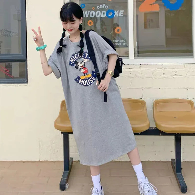 Summer Trend New Mickey Mouse Women Dress Cartoon Loose Short-Sleeved Over-The-Knee Sexy Long T-Shirt Skirt Dress