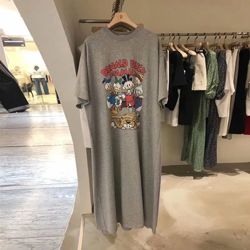 Summer Trend New Mickey Mouse Women Dress Cartoon Loose Short-Sleeved Over-The-Knee Sexy Long T-Shirt Skirt Dress