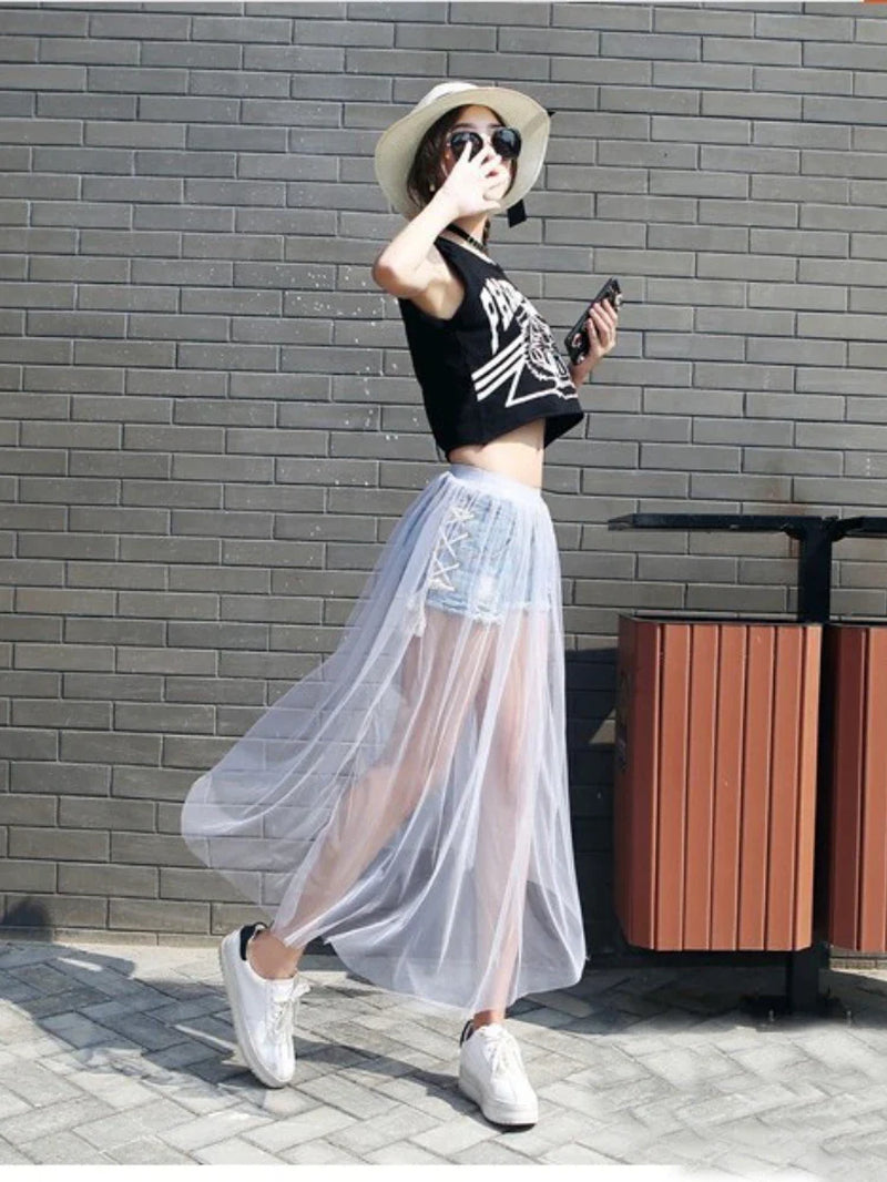 2022 Summer Long Lace Skirt Women Black White Mesh Voile Casual Skirts Low Waist Bohemian Sexy Transparent Maxi Wear