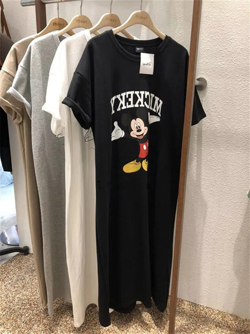 Summer Trend New Mickey Mouse Women Dress Cartoon Loose Short-Sleeved Over-The-Knee Sexy Long T-Shirt Skirt Dress