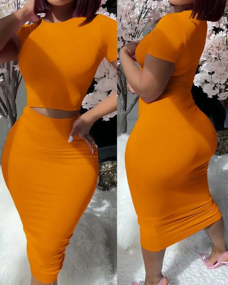 Womens Two Piece Sets Elegant Sexy Outfit Short Sleeve Top & High Waist Skirt Set New Fashion 2023 Summer Casual Female Suit