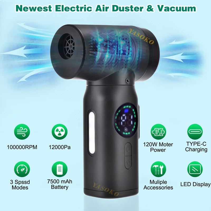 Portable  Air Blower & Vacuum Cleaner 2 in 1 Compressed Air Duster 7500mAh Cordless Duster Blower for Keyboard Computer Cleaning