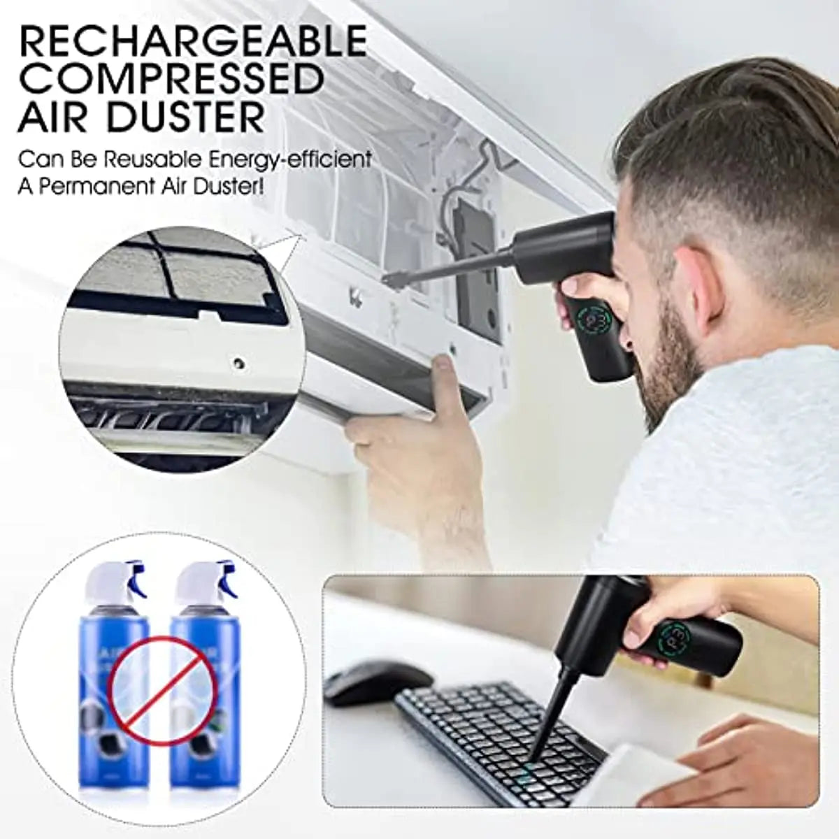 Portable  Air Blower & Vacuum Cleaner 2 in 1 Compressed Air Duster 7500mAh Cordless Duster Blower for Keyboard Computer Cleaning