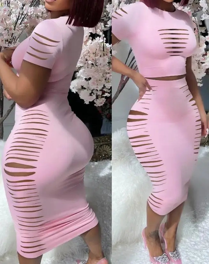 Womens Two Piece Sets Elegant Sexy Outfit Short Sleeve Top & High Waist Skirt Set New Fashion 2023 Summer Casual Female Suit