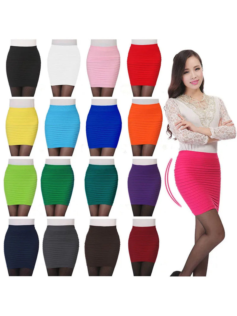 Summer Women High Waist Skirt Solid Color Elastic Pleated Skirt for Office Lady Draped Slim Mini Skirt Sexy Lady Pencil Skirts