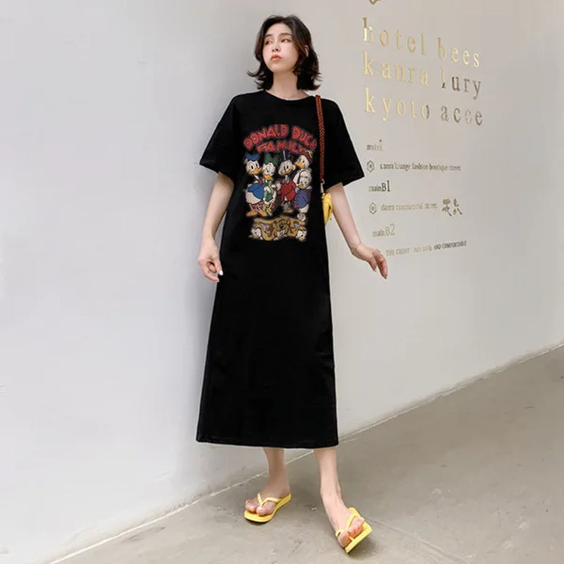 Summer Trend New Mickey Mouse Women Dress Cartoon Loose Short-Sleeved Over-The-Knee Sexy Long T-Shirt Skirt Dress