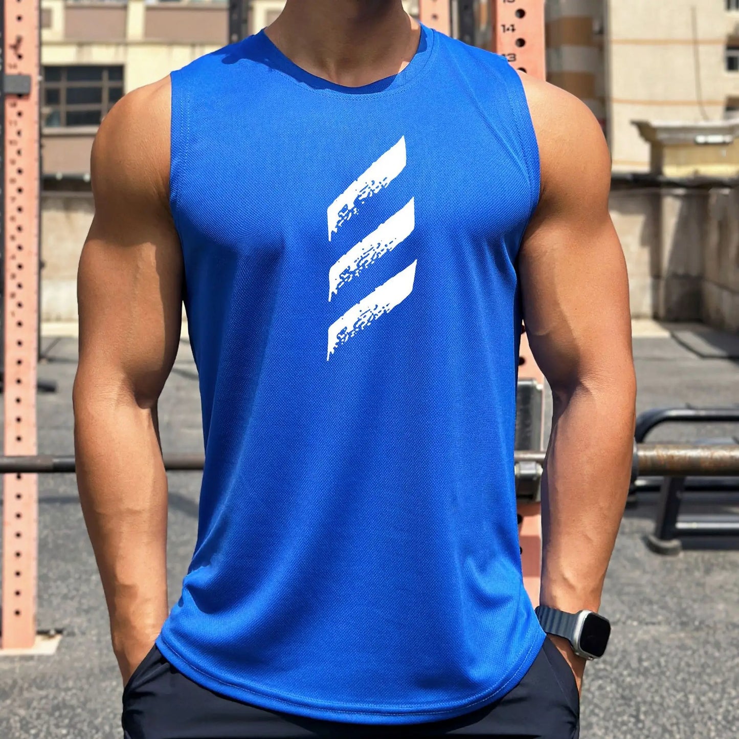 Summer New Trend Men'S Pullover round Neck Mesh Leggings Sports Fitness Top Sleeveless Vest Speed Dry