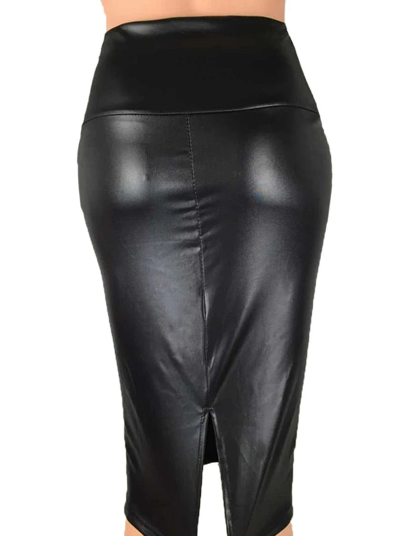 CUHAKCI Back Split Women Sexy Skirt Black Bodycon Clubwear Skirt High Waist PU Leather Skirt Vintage Long Pencil Skirts