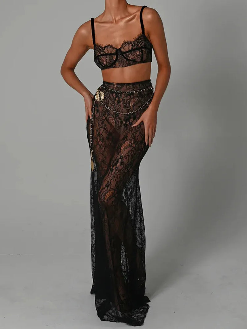 Mozision See through Lace Two Piece Skirt Sets Women Crop Top and Maxi Skirt Sets Elegant Party Beach Sexy Two Piece Set