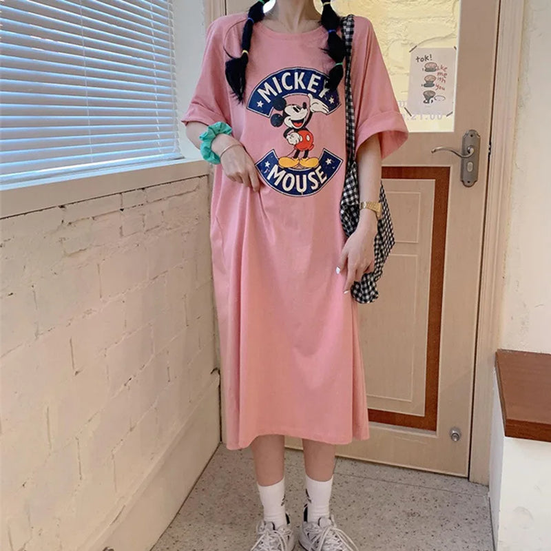 Summer Trend New Mickey Mouse Women Dress Cartoon Loose Short-Sleeved Over-The-Knee Sexy Long T-Shirt Skirt Dress