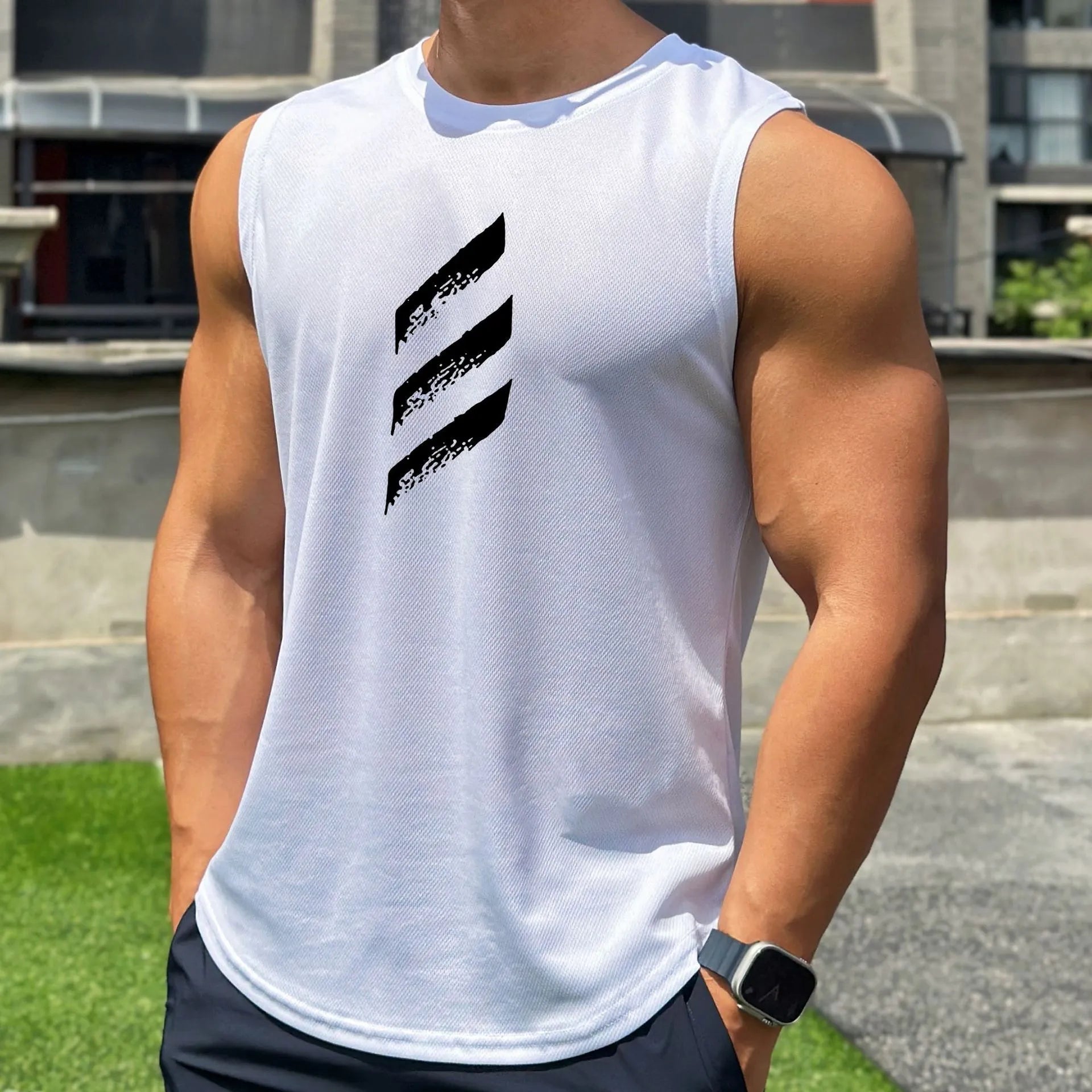 Summer New Trend Men'S Pullover round Neck Mesh Leggings Sports Fitness Top Sleeveless Vest Speed Dry